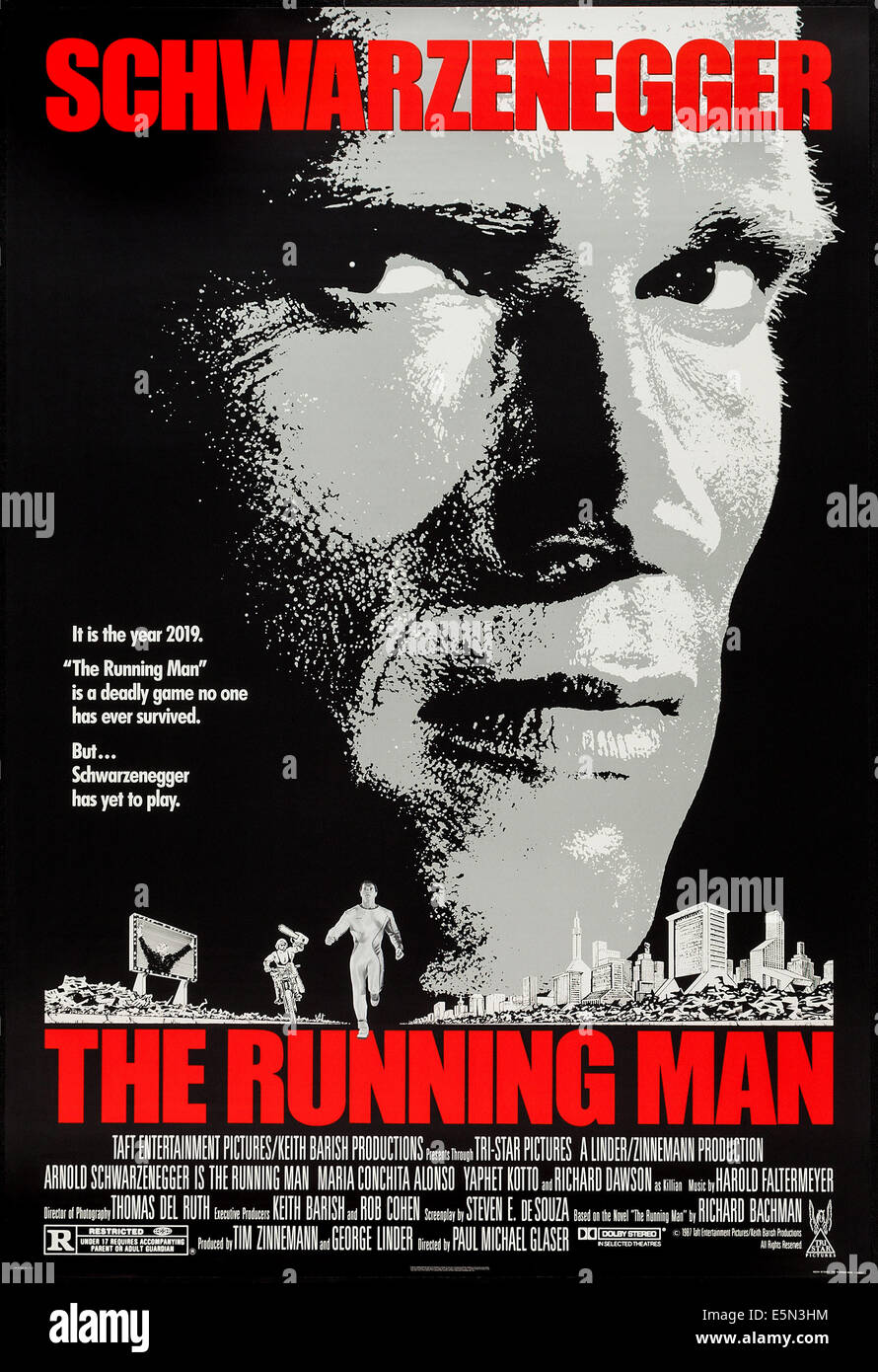 THE RUNNING MAN, Arnold Schwarzenegger, 1987, ©TriStar Pictures/courtesy Everett Collection Stock Photo