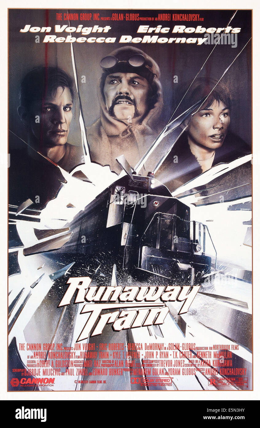 RUNAWAY TRAIN, US poster art, from left: Eric Roberts, Jon Voight, Rebecca DeMornay, 1985, ©Cannon Films/courtesy Everett Stock Photo