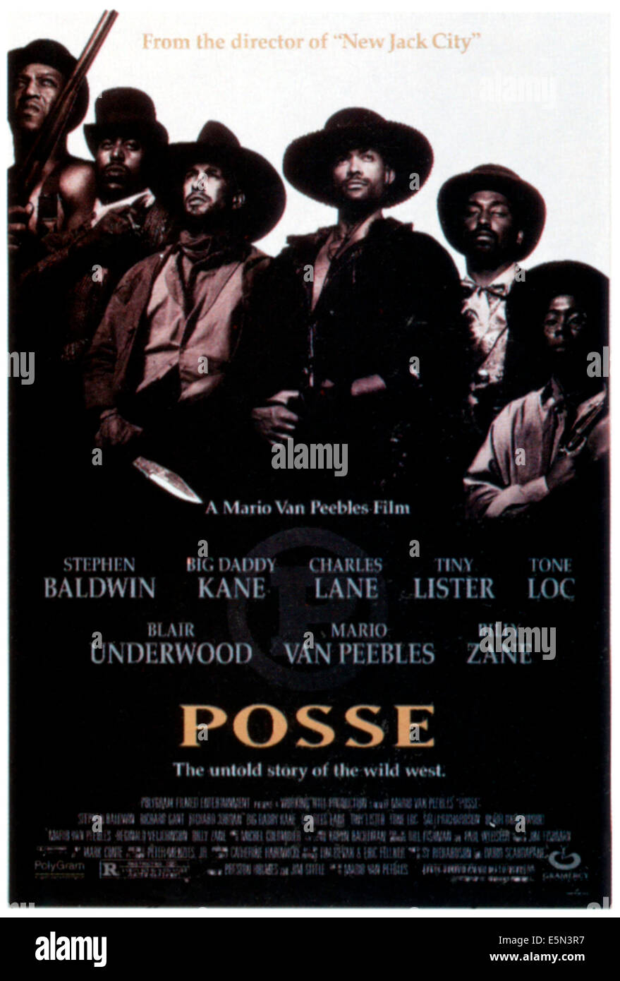 POSSE, from left: Tiny Lister, Tone Loc, Blair Underwood, Mario Van Peebles, Big Daddy Kane, Charles Lane, 1993, ©Gramercy Stock Photo