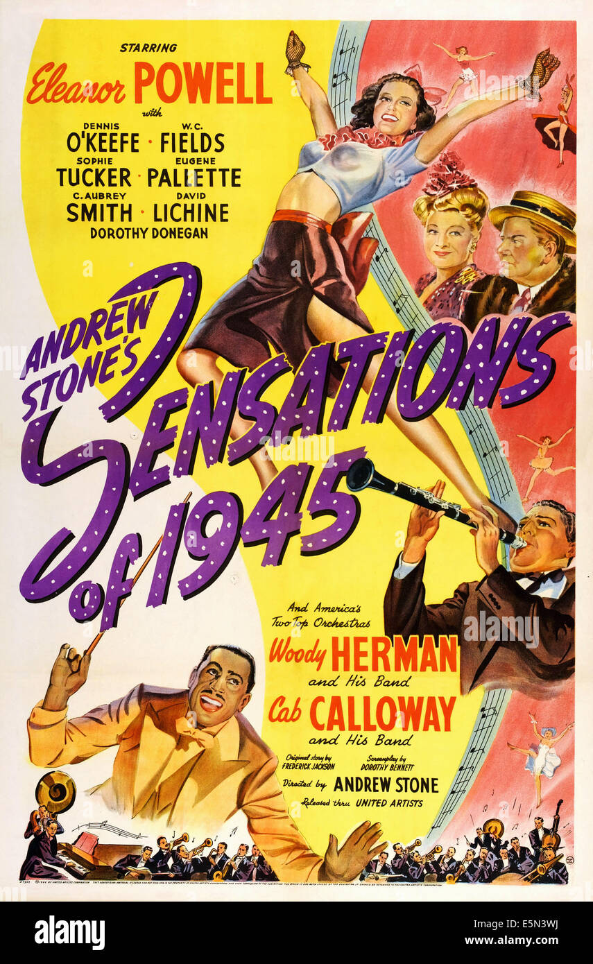 SENSATIONS OF 1945, top l-r: Eleanor Powell, Sophie Tucker, W.C. Fields, bottom l-r: Cab Calloway, Woody Herman on poster art, Stock Photo