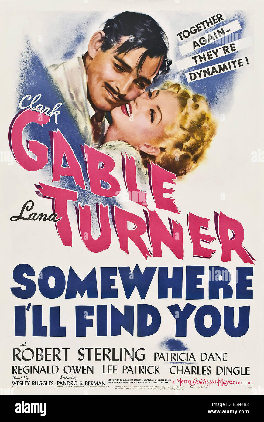 SOMEWHERE I'LL FIND YOU, US poster art, from left: Clark Gable, Lana Turner, 1942 Stock Photo
