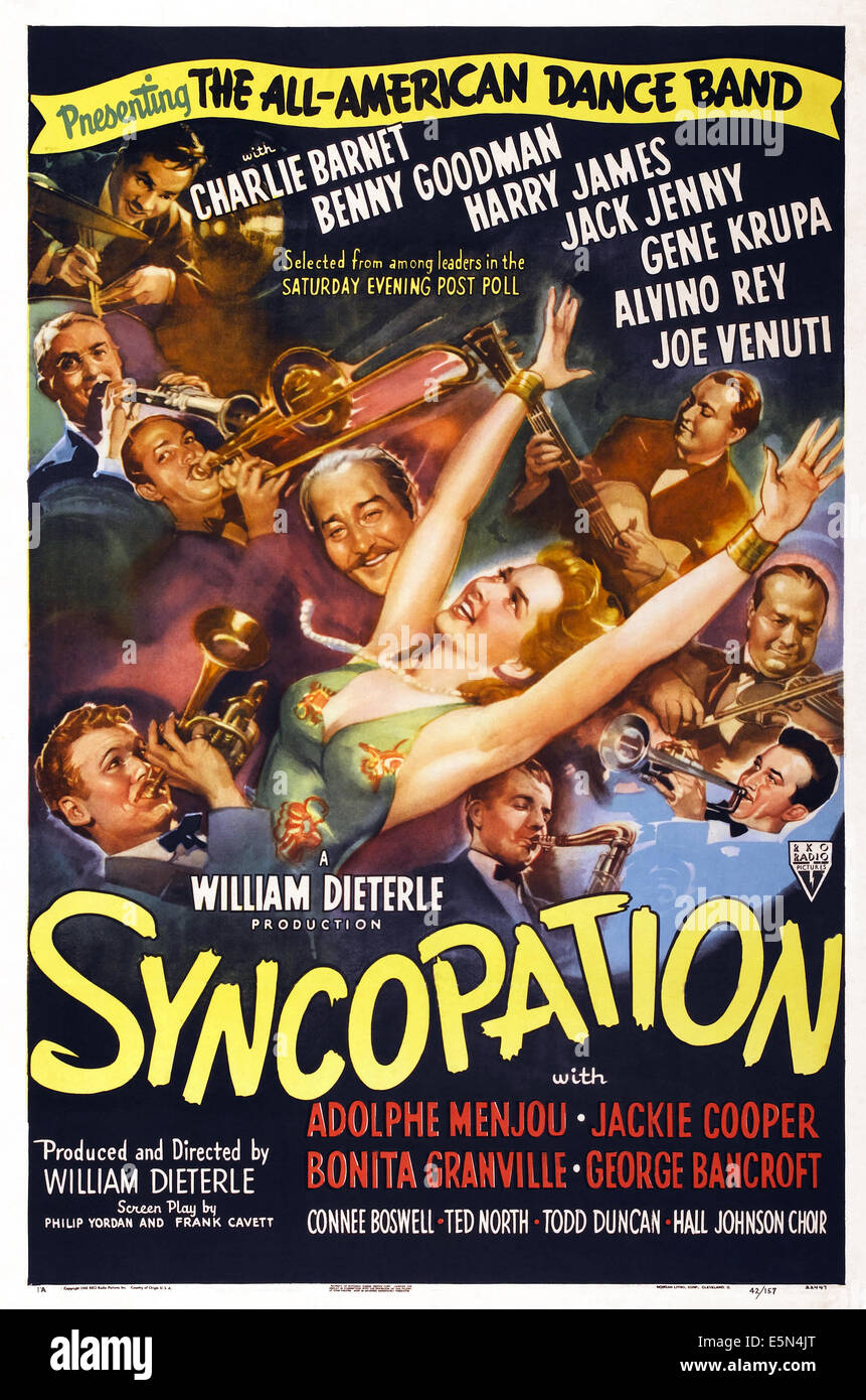 SYNCOPATION, US poster art, frop top left: Gene Krupa, Benny Goodman, Jack Jenny, Adolphe Menjou, from bottom right: Jackie Stock Photo