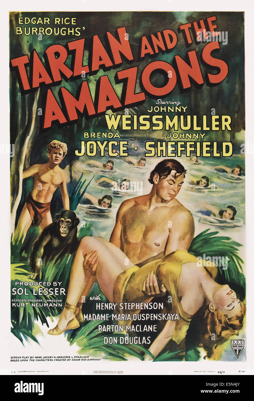 TARZAN AND THE AMAZONS, from left: Johnny Sheffield, Cheetah, Johnny Weissmuller, Brenda Joyce, 1945. Stock Photo