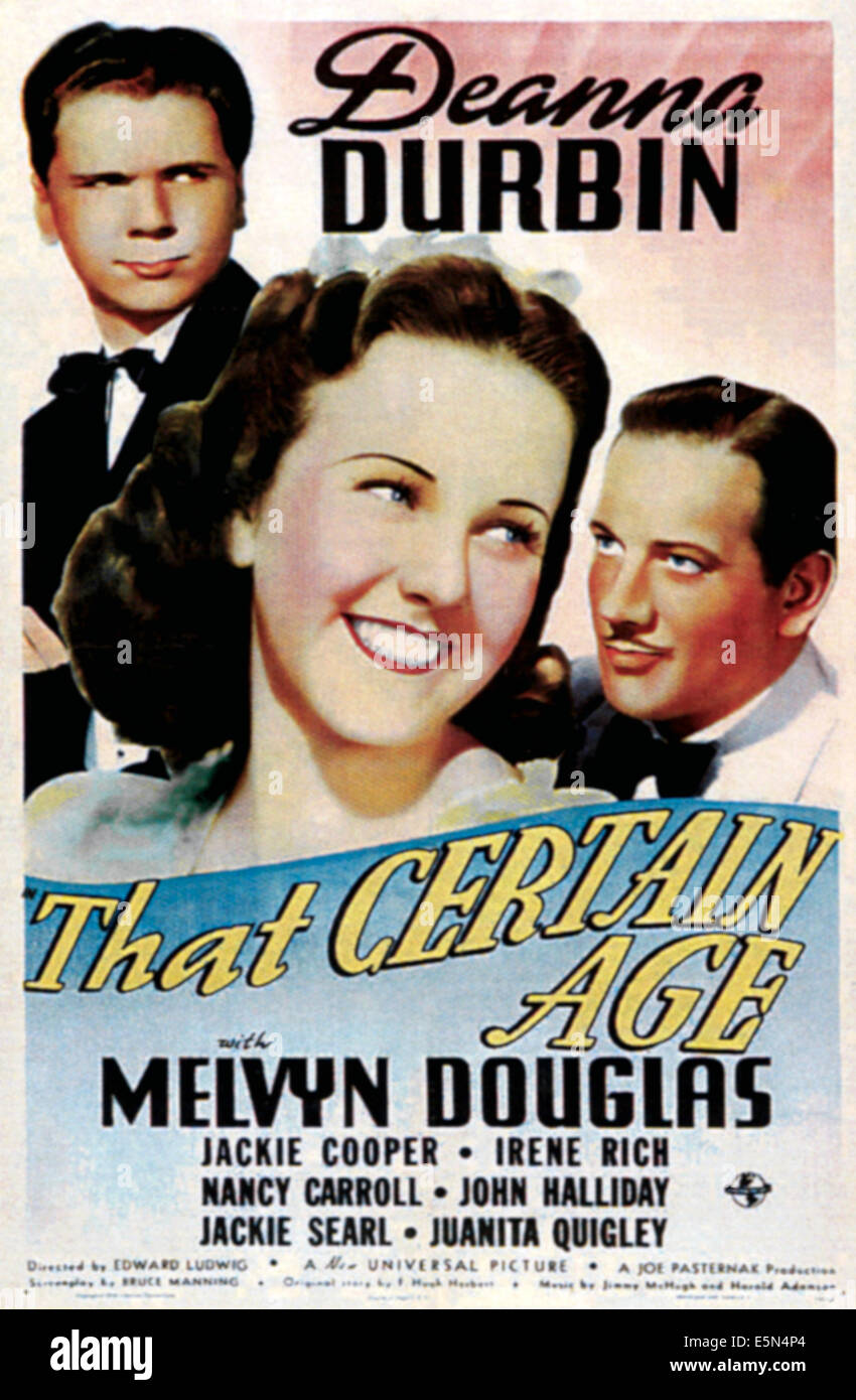 THAT CERTAIN AGE, from left: Jackie Cooper, Deanna Durbin, Melvyn Douglas, 1938. Stock Photo