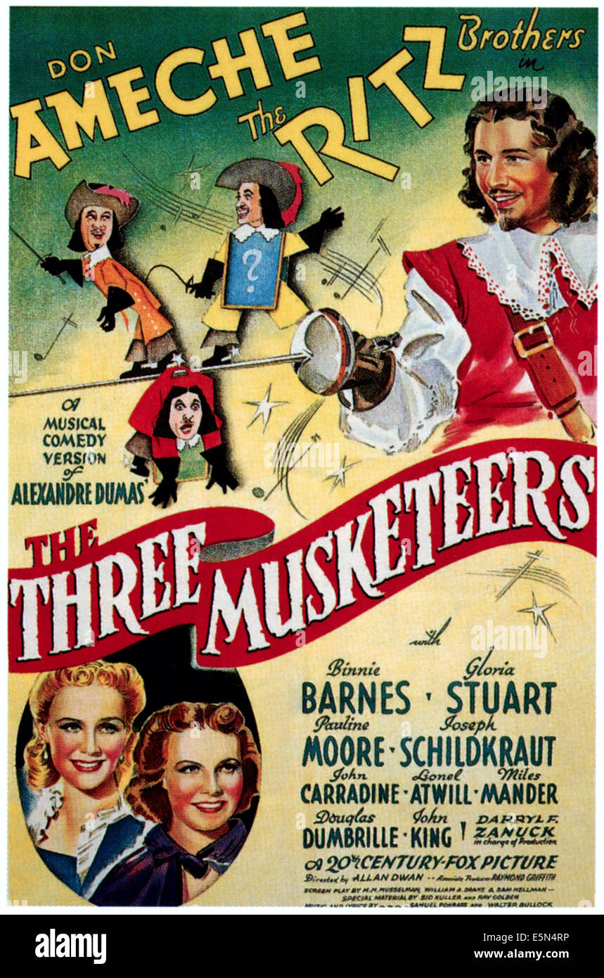 THE THREE MUSKETEERS, top from left: The Ritz Brothers, Don Ameche, bottom from left: Gloria Stuart, Pauline Moore, 1939, TM Stock Photo