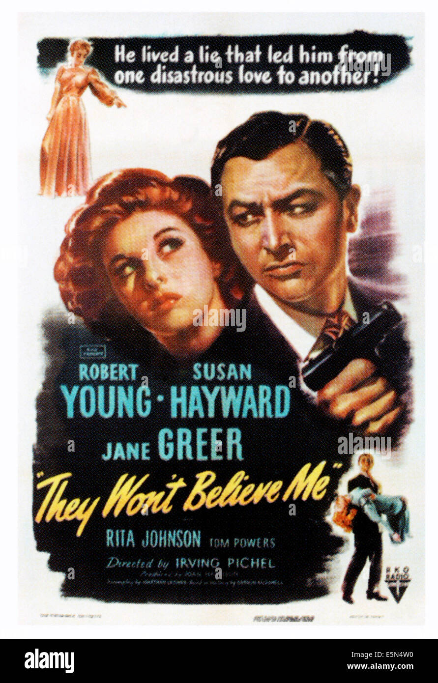 THEY WON'T BELIEVE ME, l-r: Susan Hayward, Robert Young on poster art, 1947. Stock Photo