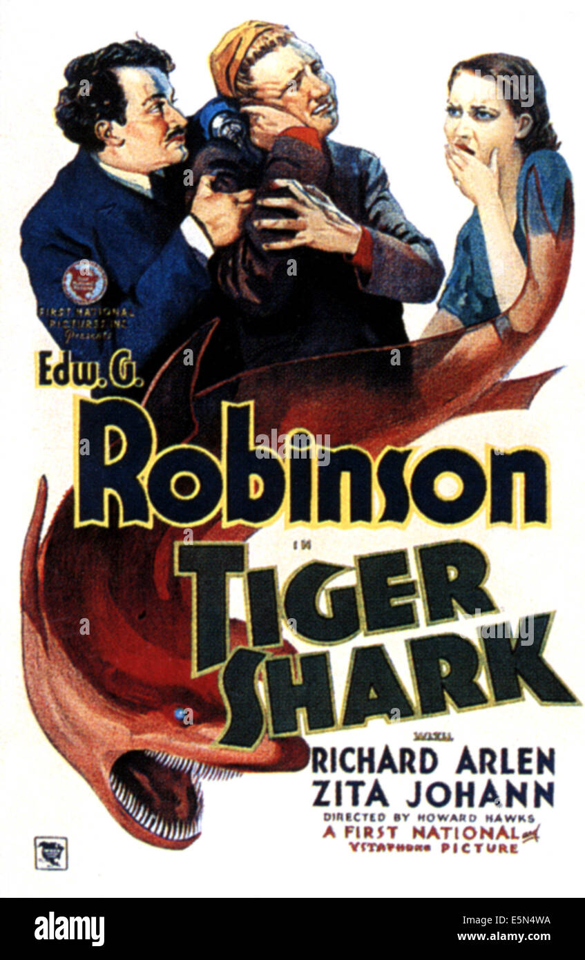 TIGER SHARK, l-r: Edward G. Robinson, Richard Arlen, Zita Johann on poster art, 1932 Stock Photo