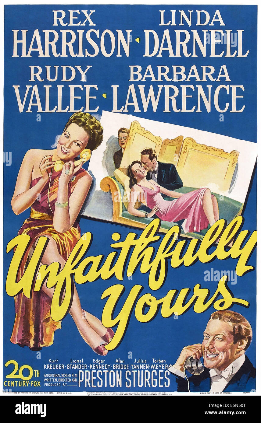 UNFAITHFULLY YOURS, US poster, left: Linda Darnell, bottom right: Rex Harrison, 1948, TM and Copyright ©20th Century Fox Film Stock Photo