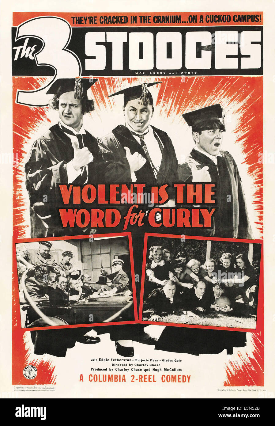 VIOLENT IS THE WORD FOR CURLY, The Three Stooges, Larry Fine, Curly Howard, Moe Howard, poster art, 1938. Stock Photo