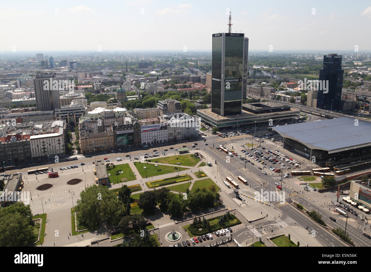 Views toward the Marriott Hotel and train station from the Palace of Science and Culture (Pałac Kultury i Nauki), Warsaw, Poland Stock Photo