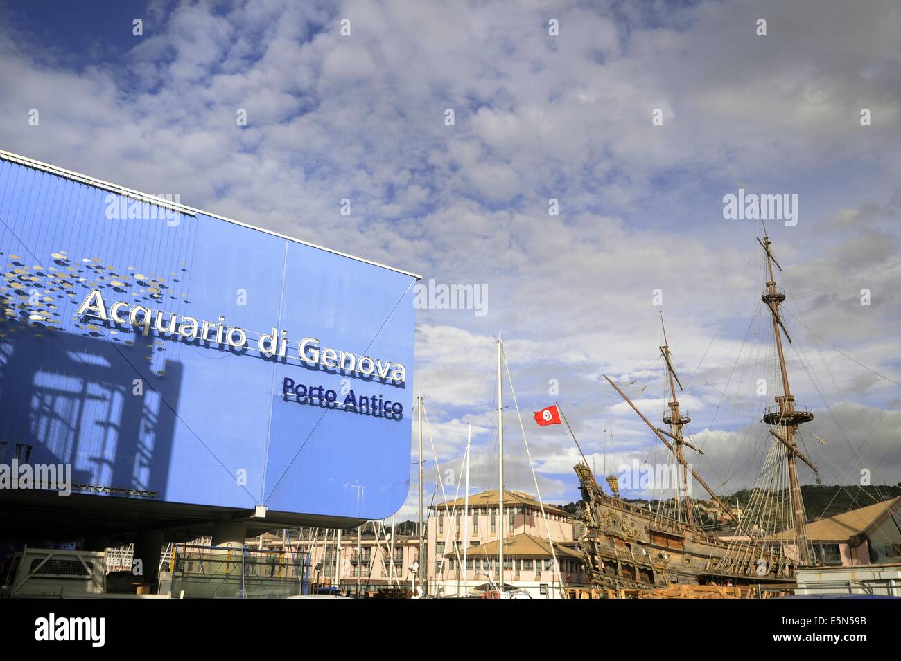 Genoa, Italy, outside of the aquarium in the Old Port Stock Photo