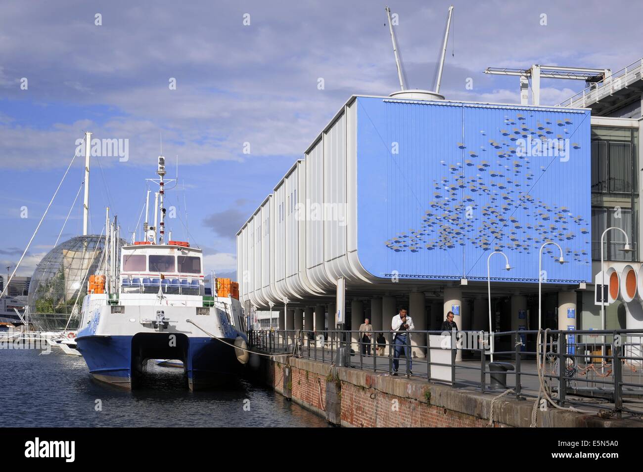 Genoa, Italy, outside of the aquarium in the Old Port Stock Photo