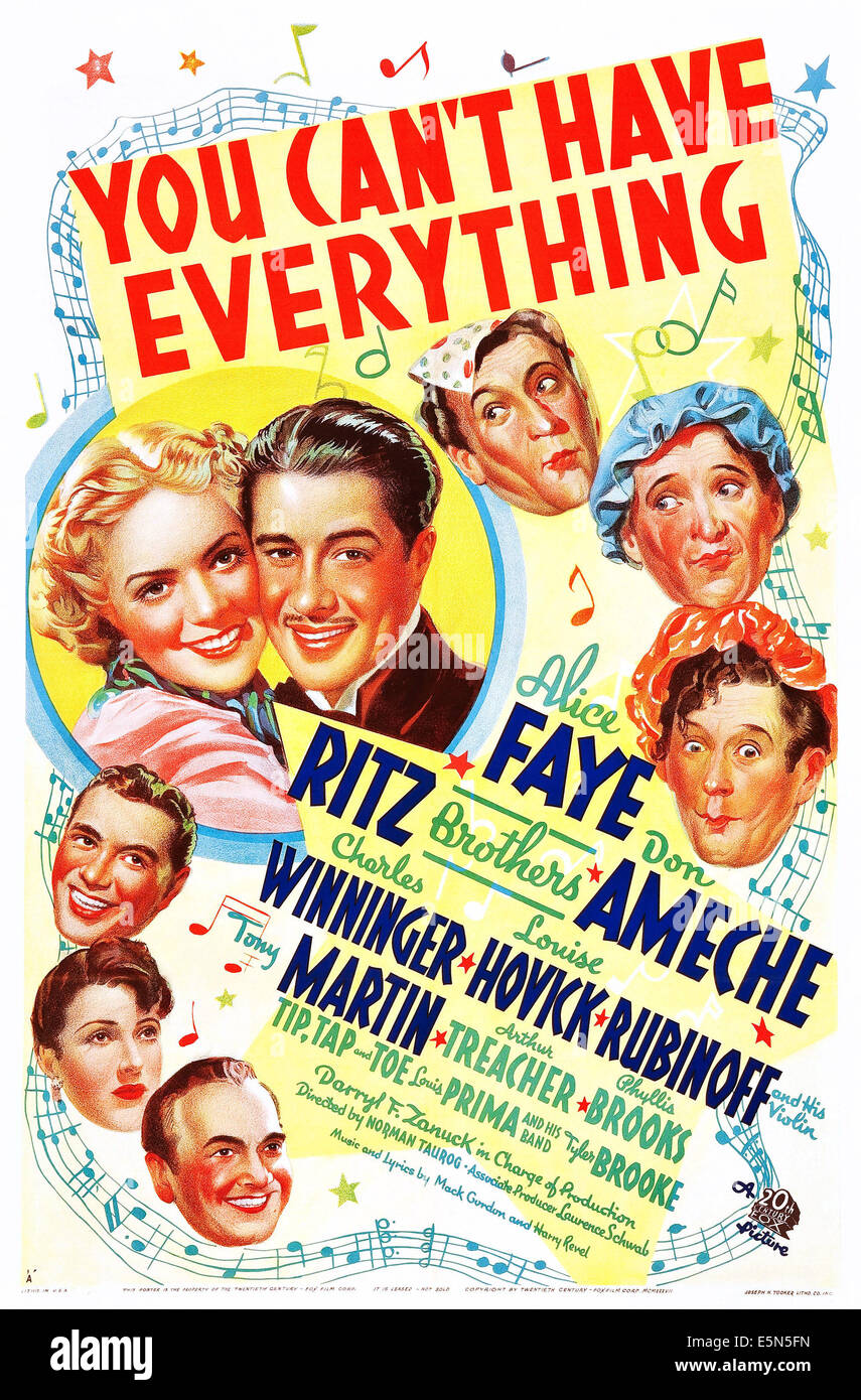 YOU CAN'T HAVE EVERYTHING, US poster art, second from bottom left: Louise Hovick, center from left: Alice Faye, Don Ameche, Stock Photo