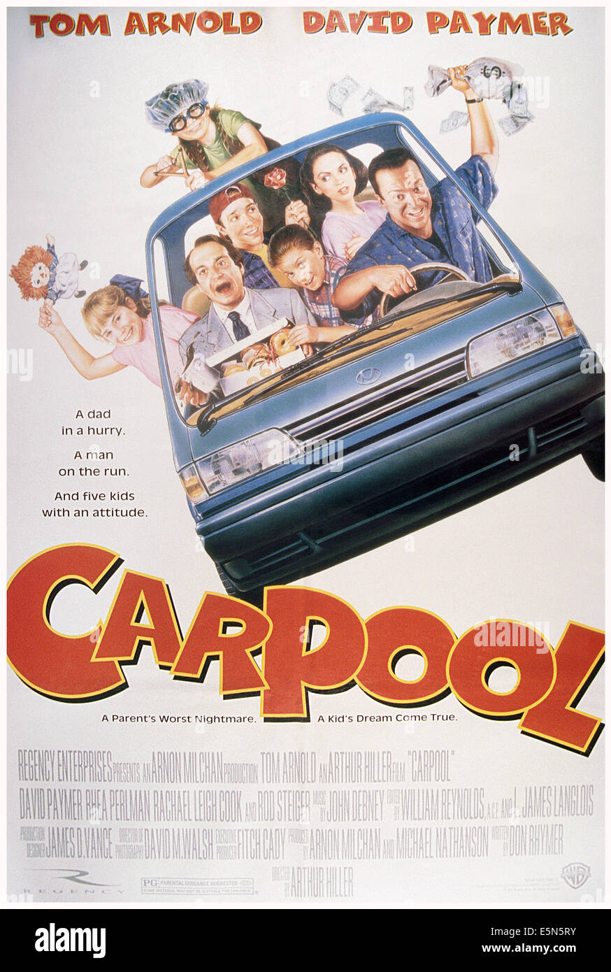 CARPOOL, front from left: Colleen Rennison (head out window), David Paymer, Mikey Kovar, Tom Arnold, back seat from left: Micah Stock Photo