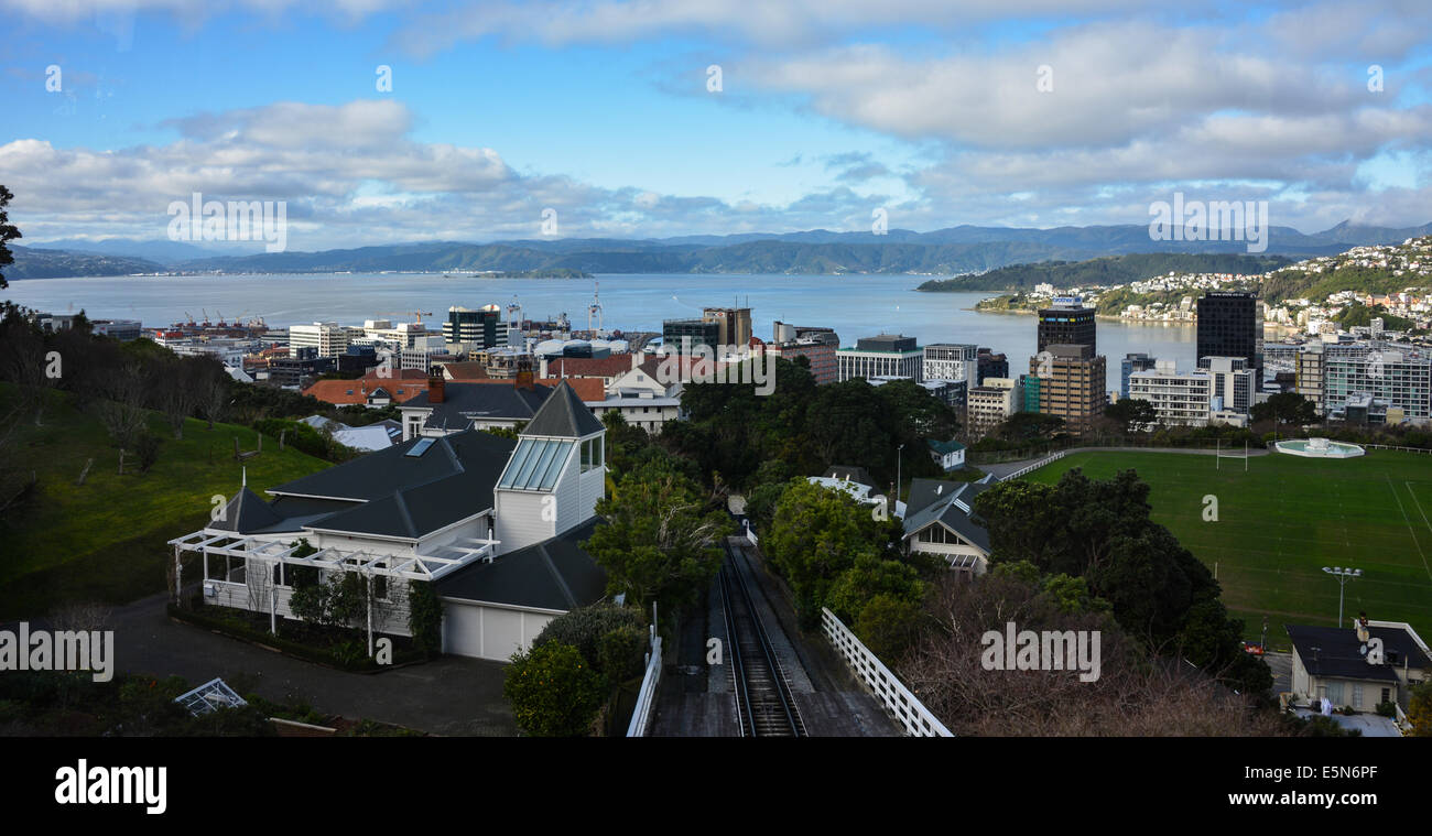 Welington cable car rail tracks and station lambton quay  skyline view of wellington town city. view of cable car with bay Stock Photo