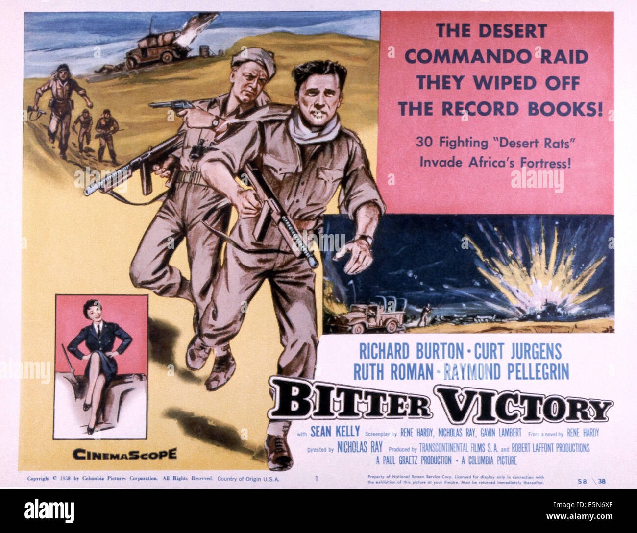 BITTER VICTORY, from left: Ruth Roman (in box), Curd Jurgens, Richard Burton, 1957 Stock Photo