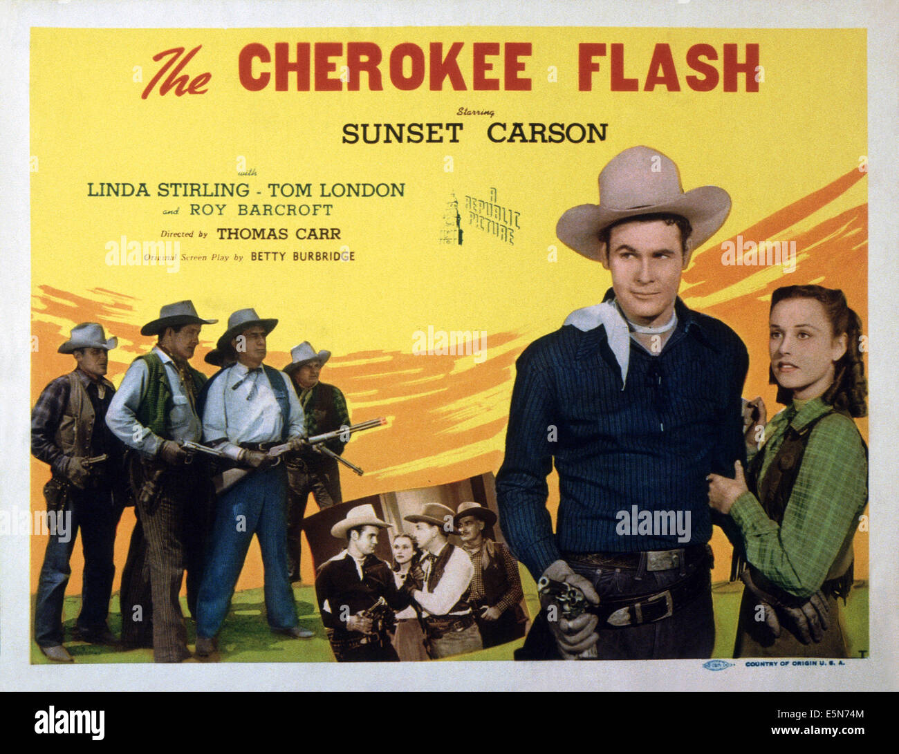 THE CHEROKEE FLASH, Sunset Carson (second right), Linda Stirling (right), 1945 Stock Photo
