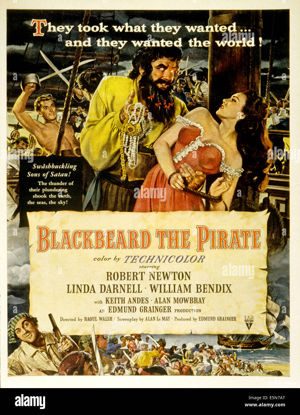 BLACKBEARD THE PIRATE, (poster art), Keith Andes, Robert Newton, Linda Darnell, William Bendix (bottom left), 1952 Stock Photo