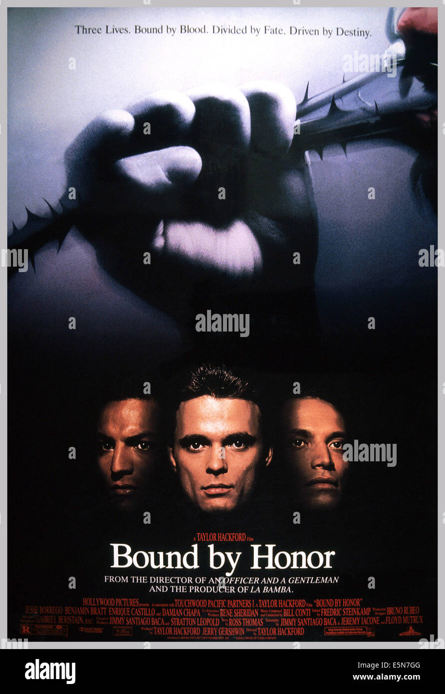 BOUND BY HONOR, (aka BLOOD IN, BLOOD OUT), U.S. poster, from left: Benjamin Bratt, Damian Chapa, Jesse Borrego, 1993. ©Buena Stock Photo