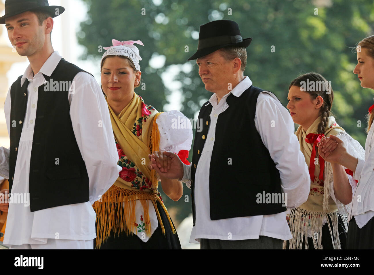 Members of folk groups Zvon from Mala Subotica, Croatia during the 48th International Folklore Festival in Zagreb, Croatia Stock Photo
