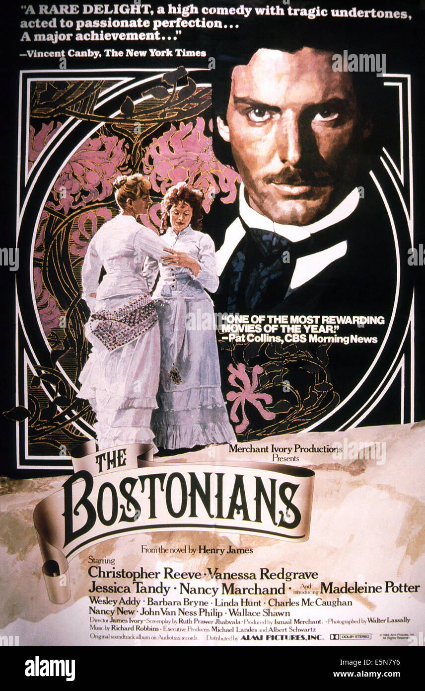 THE BOSTONIANS, poster, from left: Vanessa Redgrave, Madeleine Potter, Christopher Reeve, 1984. ©Almi Pictures/courtesy Everett Stock Photo