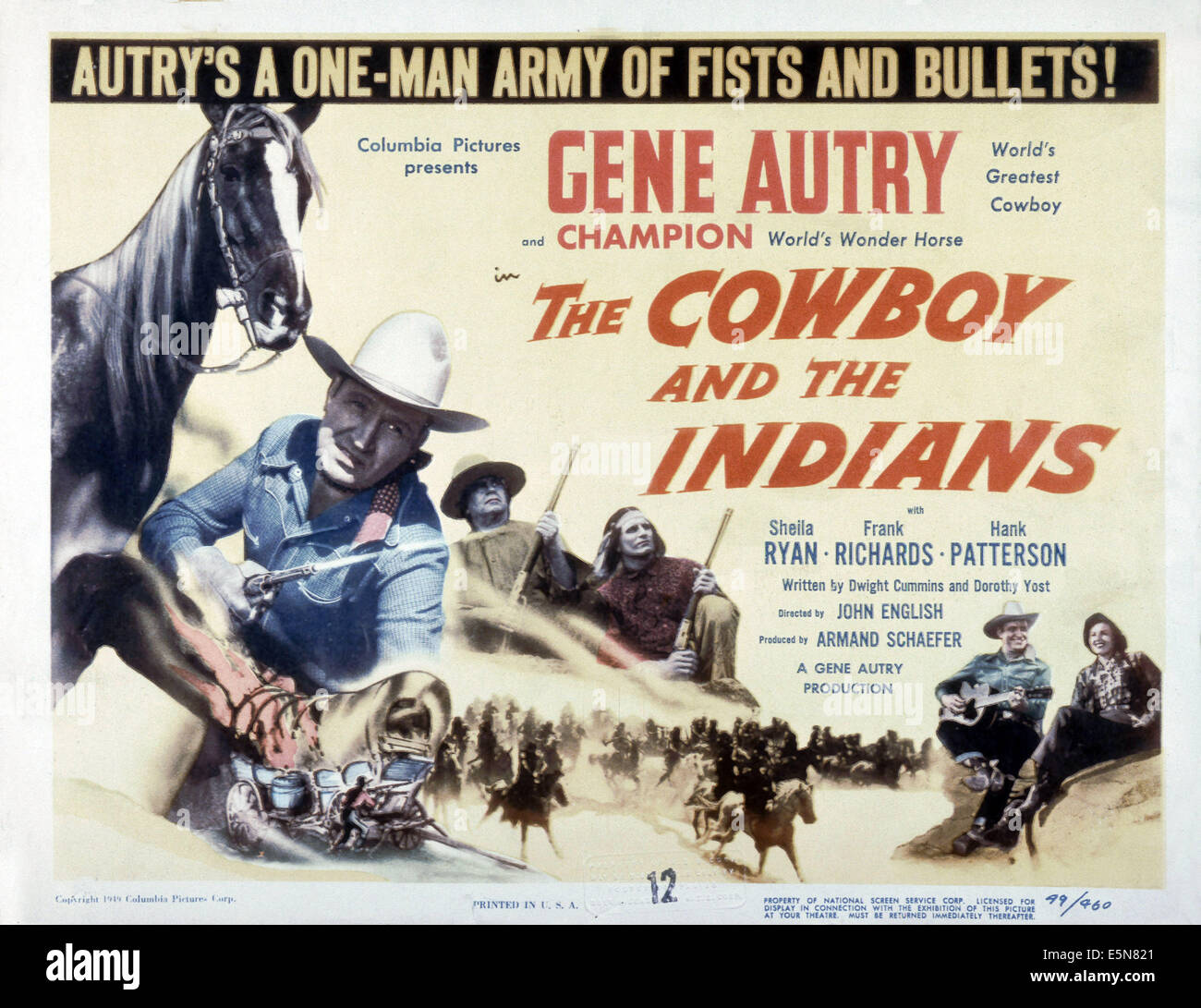 THE COWBOY AND THE INDIANS, from left: Gene Autry (with gun), Gene Autry (with guitar), Sheila Ryan, 1949 Stock Photo