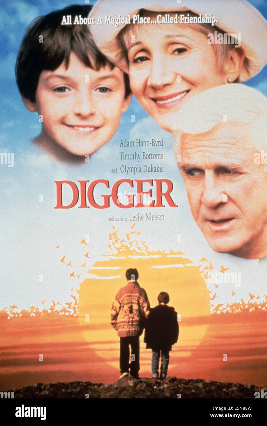 DIGGER, U.S. poster, from left: Adam Hann-Byrd, Olympia Dukakis, Leslie Nielsen, 1993. ©Paramount/courtesy Everett Collection Stock Photo
