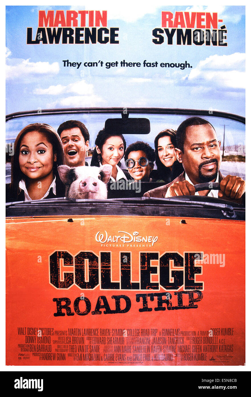 COLLEGE ROAD TRIP, U.S. poster, front: Raven Symone, Albert the pig, Martin Lawrence; back: Donny Osmond, Brenda Song, Eshaya Stock Photo