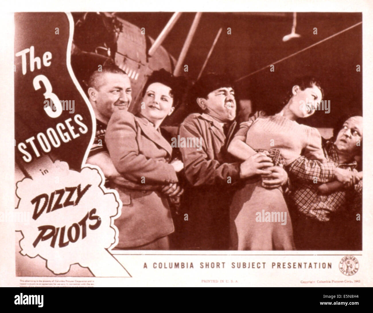 DIZZY PILOTS, Curly Howard, Judy Malcolm, Moe Howard, Sethma Williams, Larry Fine (The Three Stooges), 1943 Stock Photo