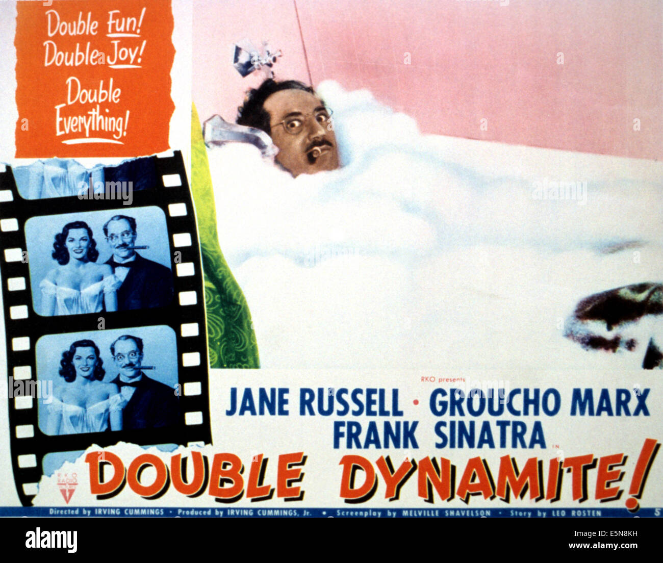 DOUBLE DYNAMINTE, from left: Jane russell, Groucho Marx, Groucho Marx (in bathtub), 1951 Stock Photo