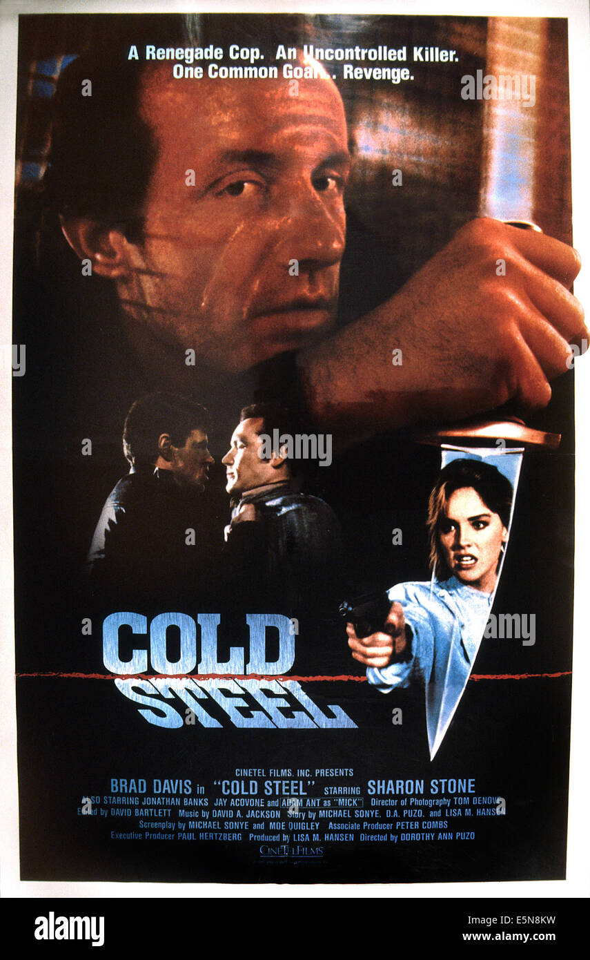 COLD STEEL, U.S. poster, top: Jonathan Banks; center: Brad Davis, Adam Ant; bottom: Sharon Stone, 1987. ©Cinetel Films/courtesy Stock Photo