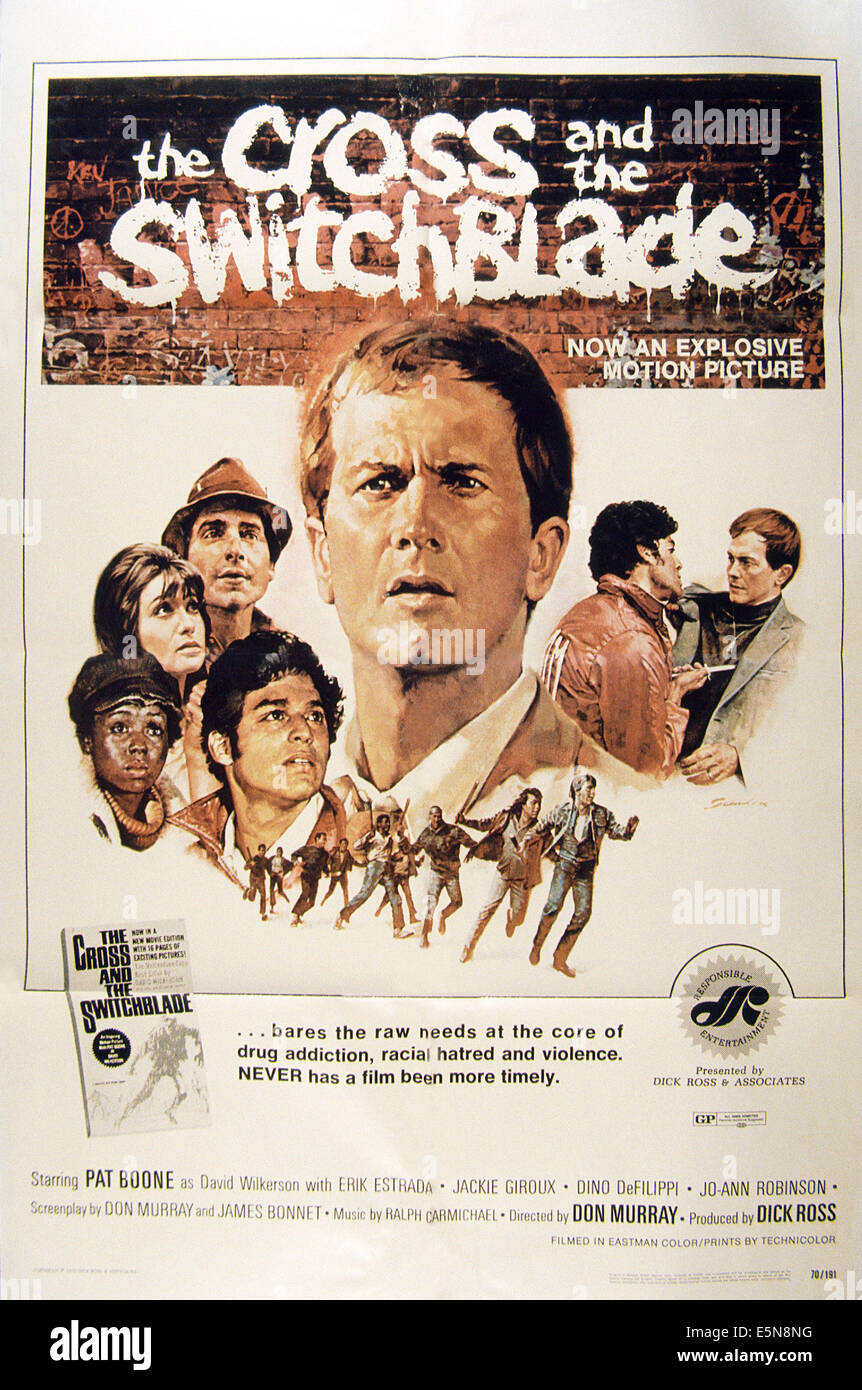 THE CROSS AND THE SWITCHBLADE, U.S. poster, Jo-Ann Robinson (left), Erik Estrada (second left), Pat Boone (center), 1970 Stock Photo