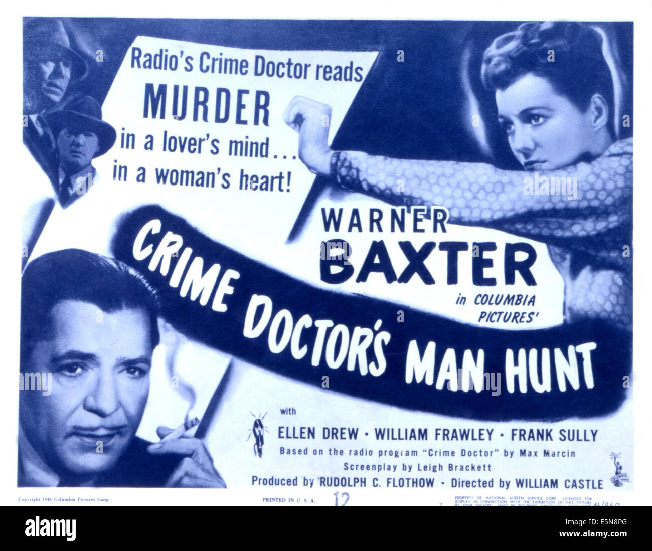 THE CRIME DOCTOR'S MAN HUNT, Warner Baxter, Ellen Drew, 1946 Stock Photo