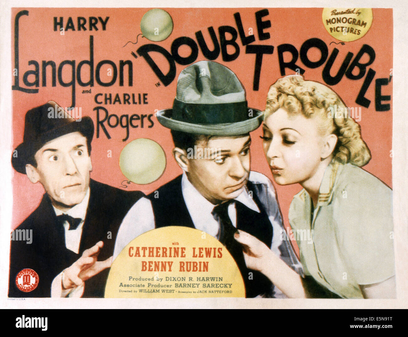 DOUBLE TROUBLE, from left: Charley Rogers, Harry Langdon, Cathy Lewis, 1941 Stock Photo