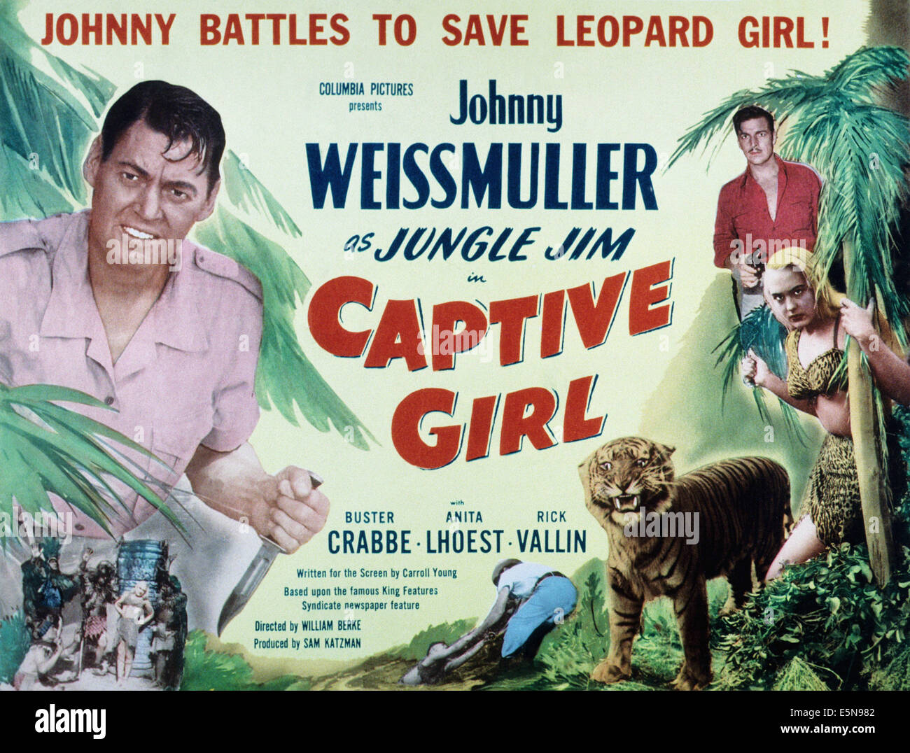 CAPTIVE GIRL, from left, Johnny Weissmuller, (as Jungle Jim), Buster Crabbe, Anita Lhoest, 1950 Stock Photo
