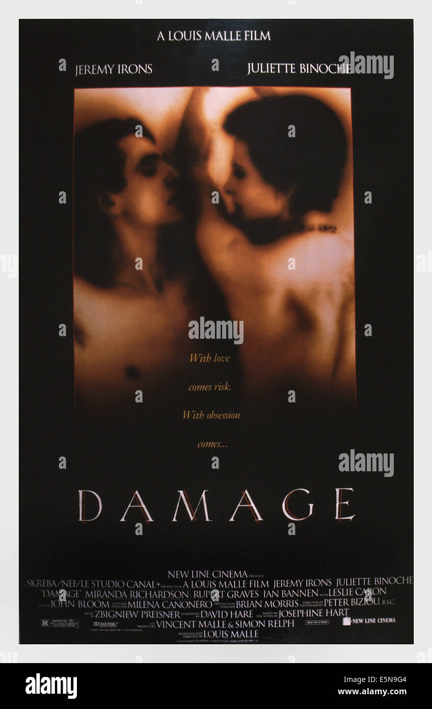 DAMAGE, poster, from left: Jeremy Irons, Juliette Binoche, 1992. ©New Line Cinema/courtesy Everett Collection Stock Photo