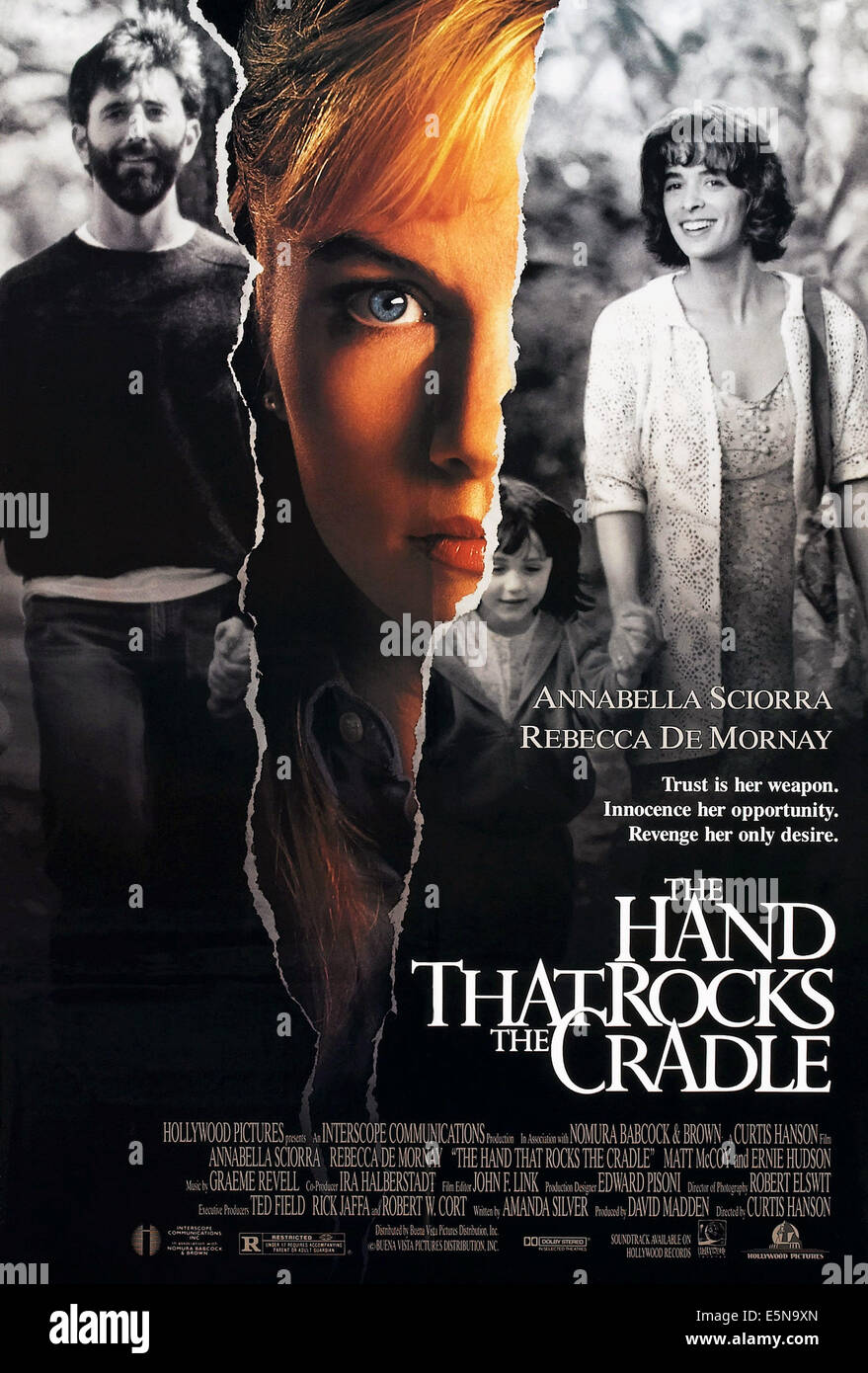 THE HAND THAT ROCKS THE CRADLE, US poster art, from left: Matt McCoy, Rebecca DeMornay, Madeline Zima, Annabella Sciorra, 1992, Stock Photo