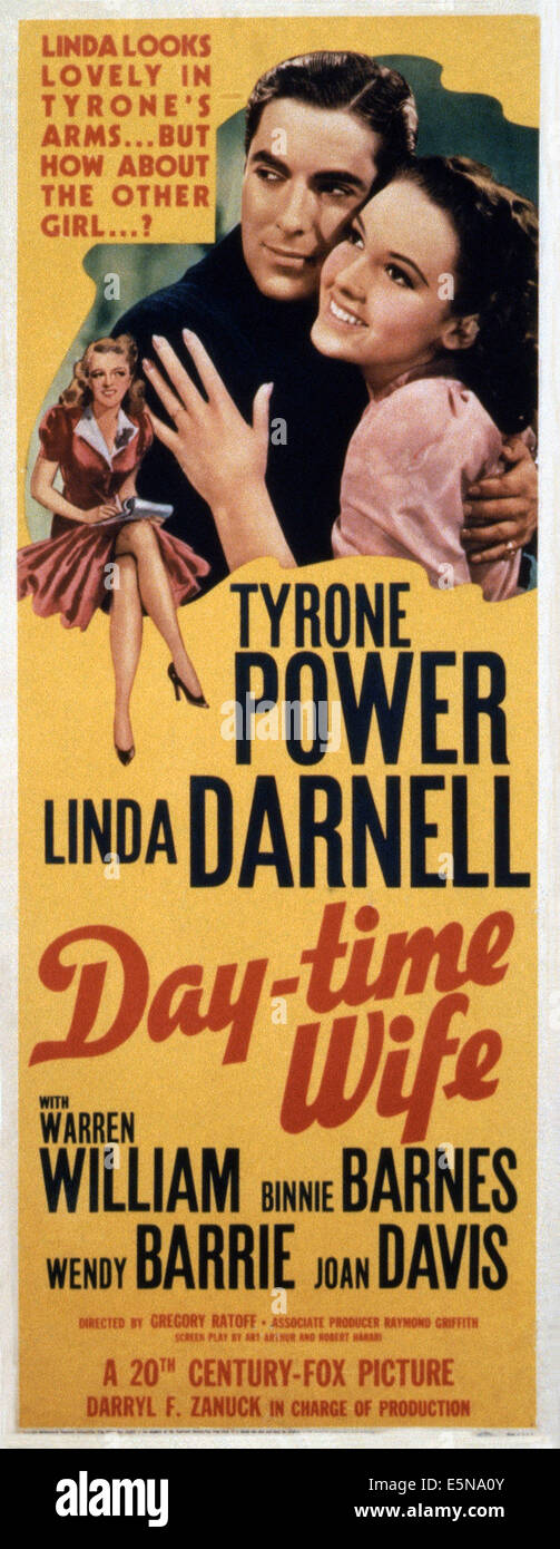 DAY-TIME WIFE, U.S. poster, from left: Wendy Barrie, Tyrone Power, Linda Darnell, 1939. ©20th Century-Fox Film Corporation, TM Stock Photo