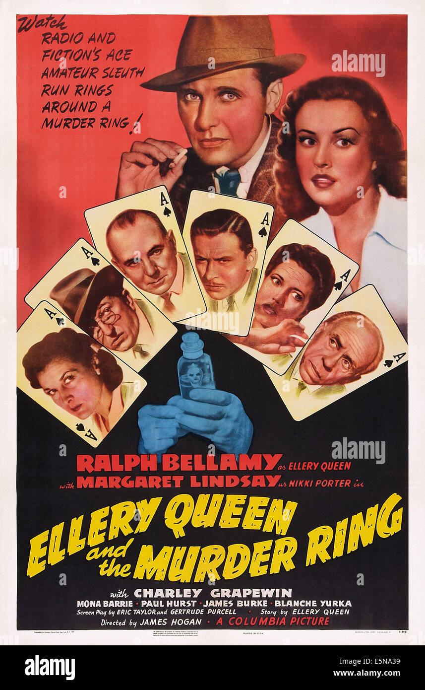 ELLERY QUEEN AND THE MURDER RING, US poster art, clockwise from lower left, Charlotte Wynters, Olin Howland, George Zucco, Leon Stock Photo