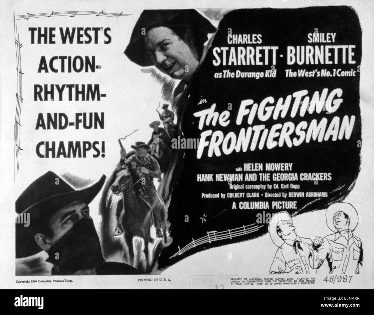 THE FIGHTING FRONTIERSMAN, Charles Starrett (mask), Smiley Burnette (top), 1946 Stock Photo