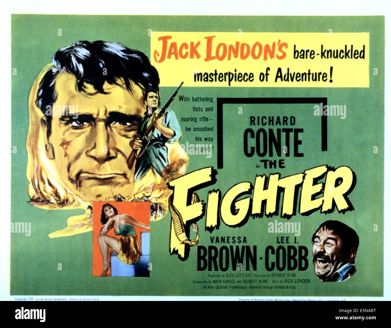 THE FIGHTER, top l-r: Richard Conte, lower left: Vanessa Brown, lower right: Lee J. Cobb on title lobbycard, 1952. Stock Photo