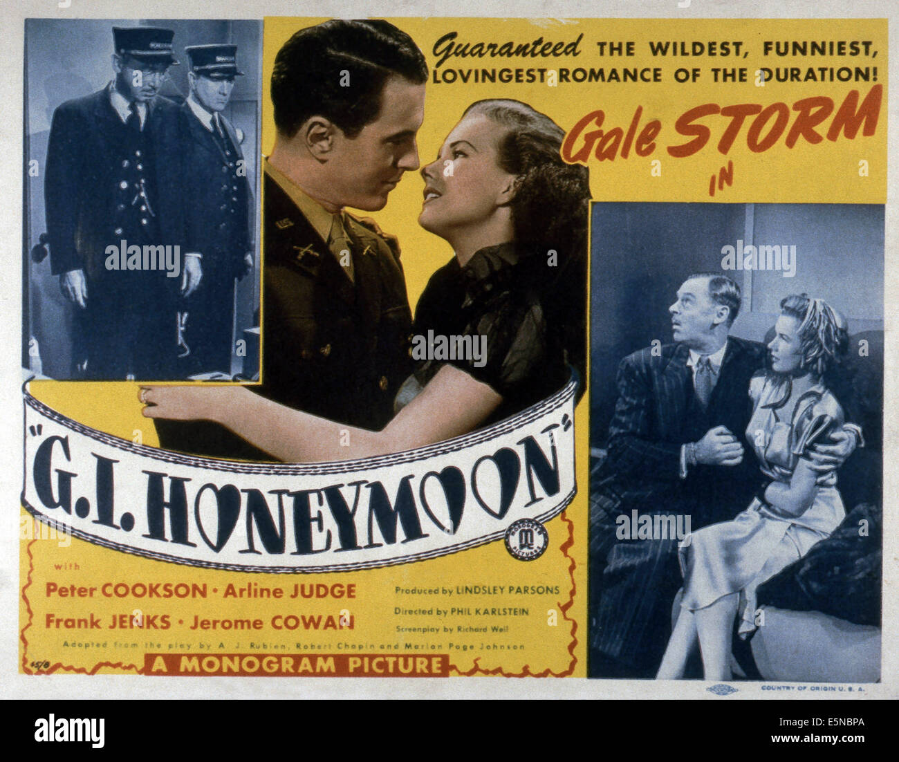 G.I. HONEYMOON, center from left: Peter Cookson, Gale Storm, right from left: Jerome Cowan, Gale Storm, 1945 Stock Photo