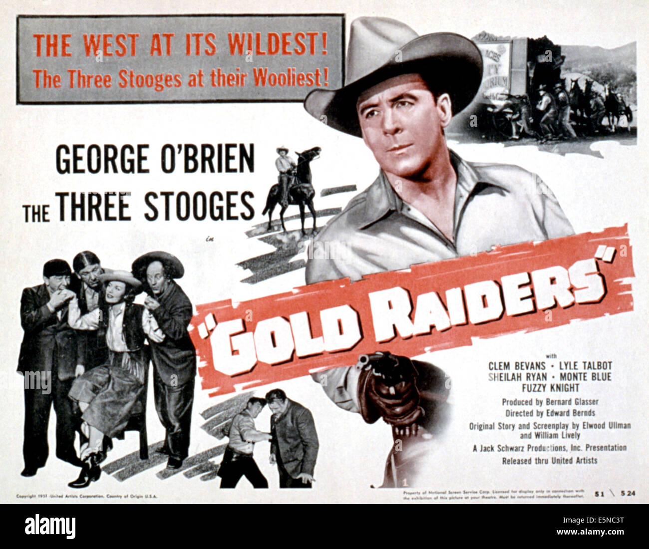 GOLD RAIDERS, Moe Howard, Shemp Howard, Sheila Ryan, Larry Fine, George O'Brien, Lyle Talbot (The Three Stooges), 1951 Stock Photo