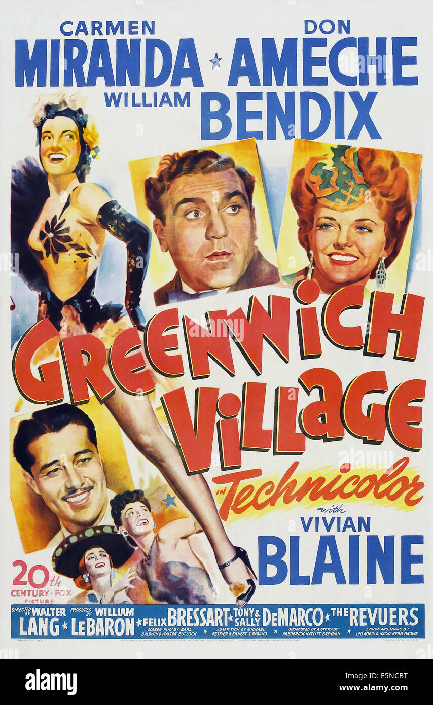 GREENWICH VILLAGE, US poster art, top, from left: Carmen Miranda, William Bendix, Vivian Blaine; bottom left: Don Ameche  1944, Stock Photo