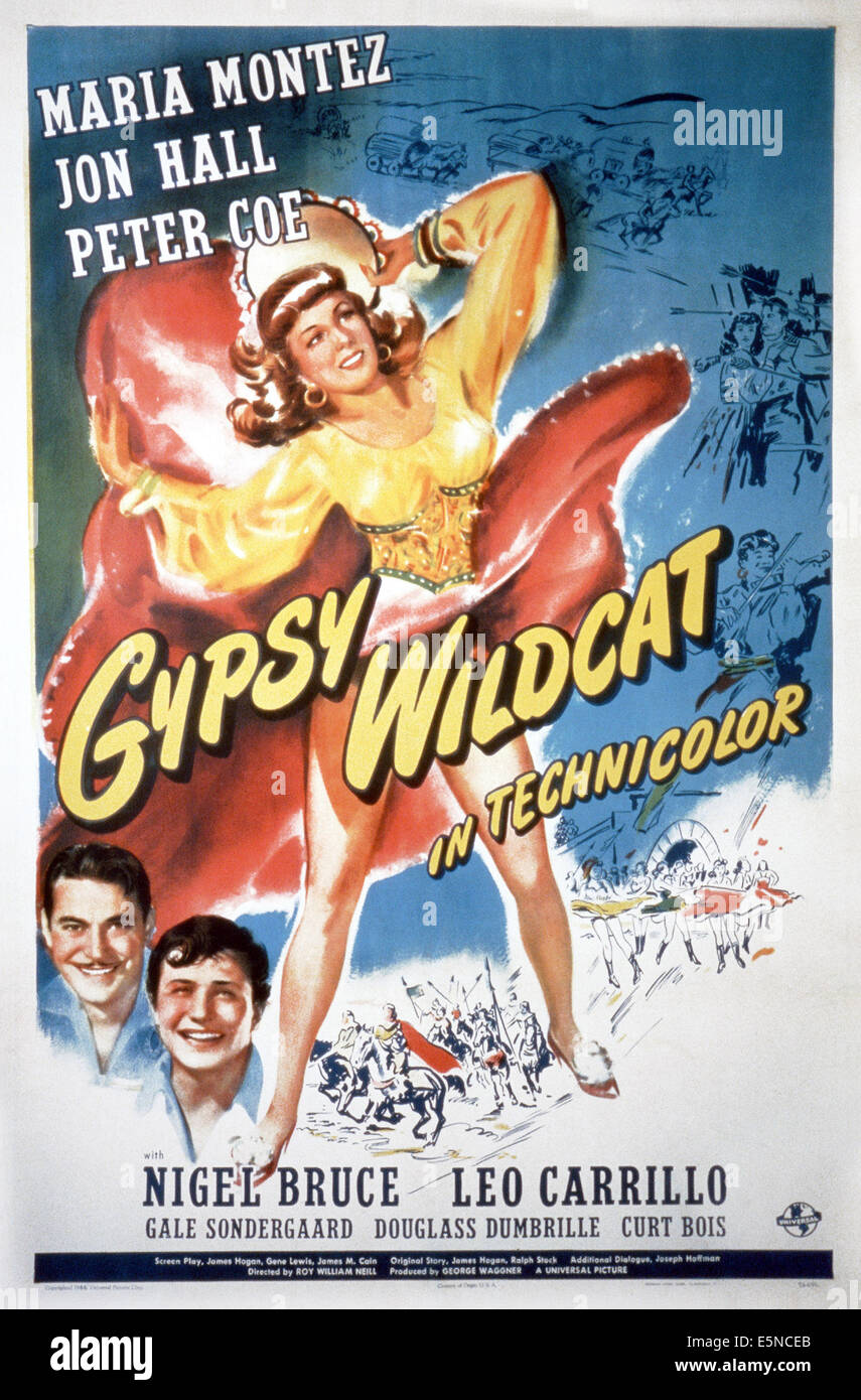 GYPSY WILDCAT, U.S. poster, from left: Jon Hall, Peter Coe, Maria Montez, 1944 Stock Photo
