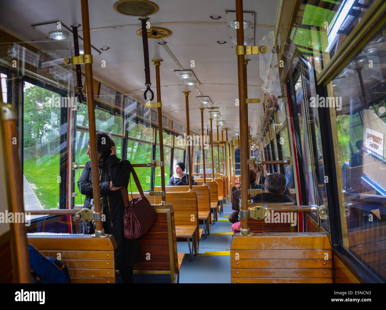 Wellington capitol of New Zealand Lambton Quay cable car tram interior with passengers. travels between Lambton and Kelburn Stock Photo