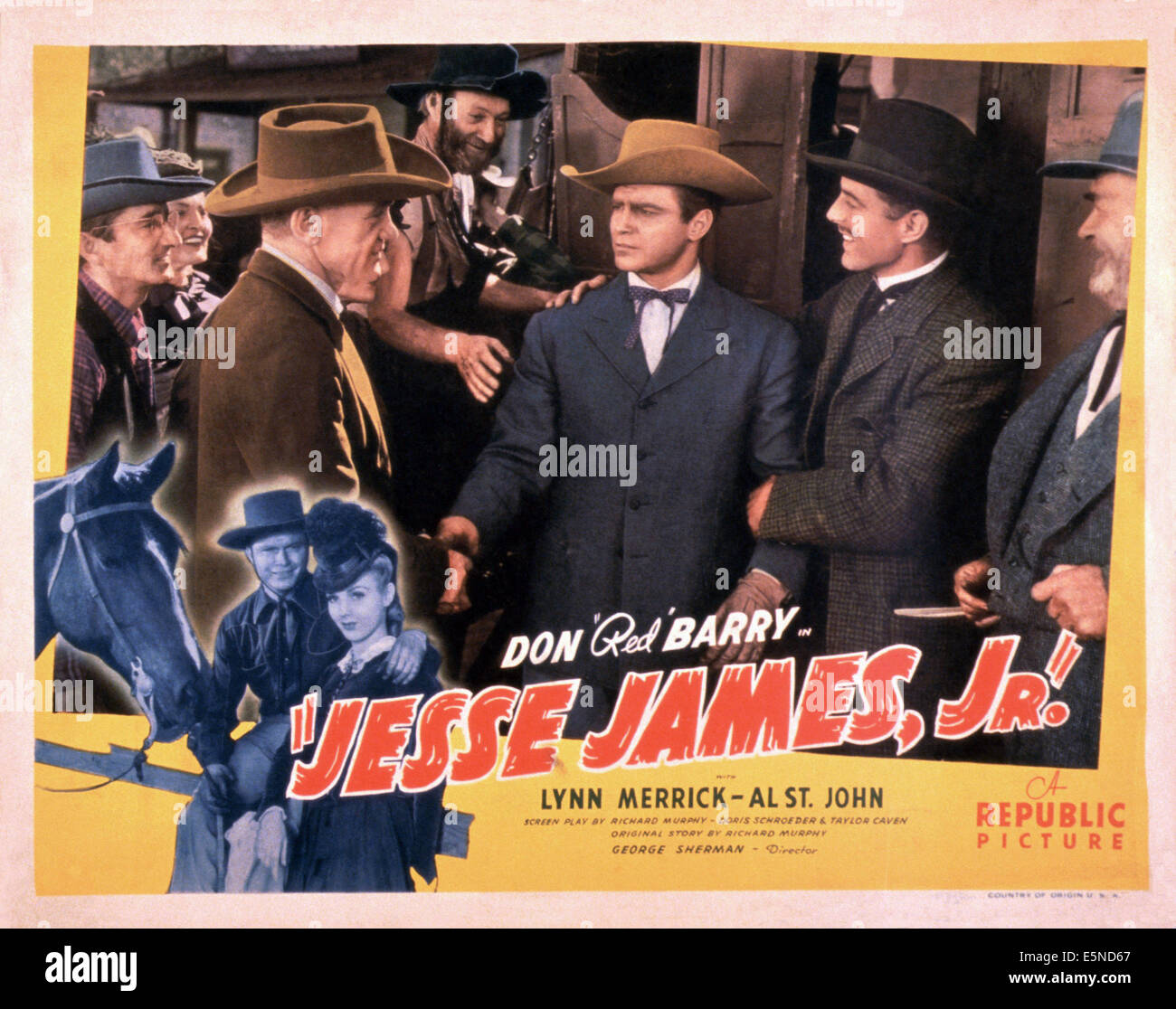 JESSE JAMES JR., Al St. John (beard), Don 'Red' Barry (shaking hands right), front from left: Don 'Red' Barry, Lynn Merrick, Stock Photo