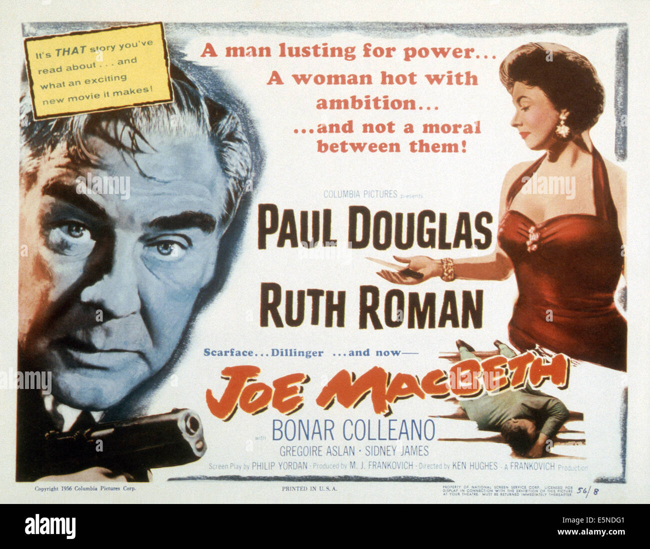 JOE MACBETH, from left: Paul Douglas, Ruth Roman, 1955 Stock Photo