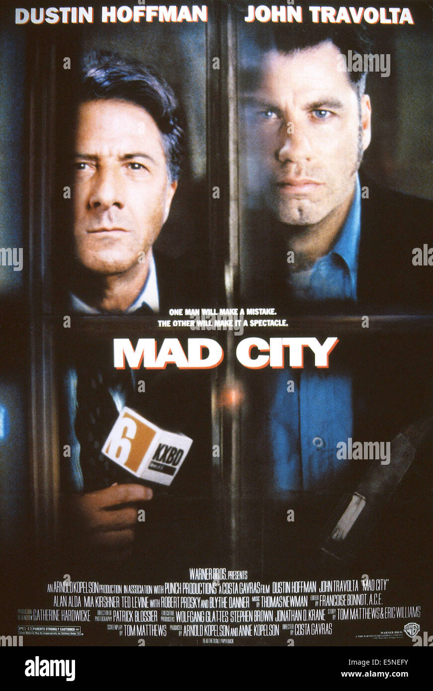 MAD CITY, US poster, from left, Dustin Hoffman, John Travolta, 1997, ©Warner Brothers/courtesy Everett Collection Stock Photo