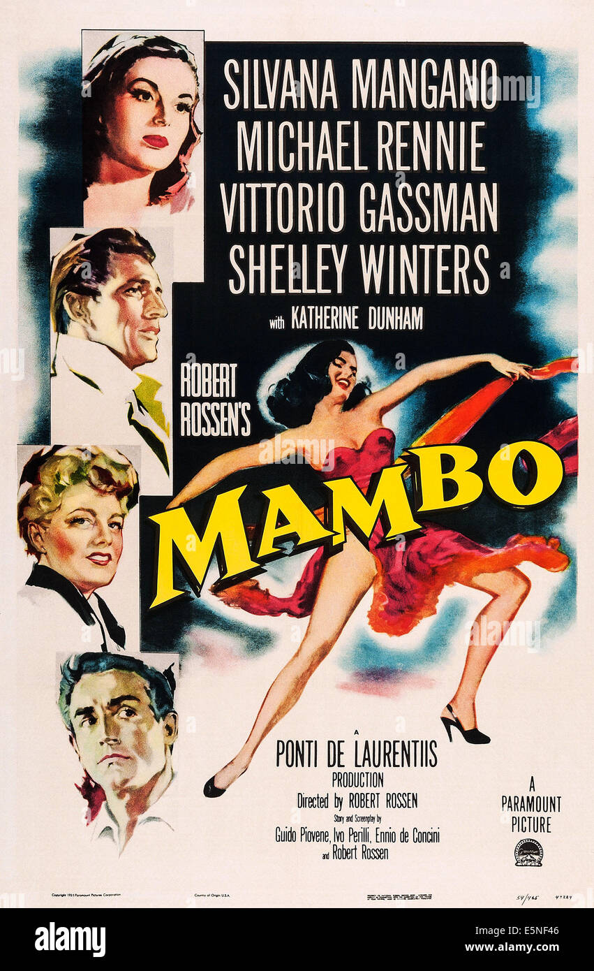 MAMBO, poster, from top: Silvana Mangano, Michael Rennie, Shelley Winters, Vittorio Gassman, 1954 Stock Photo